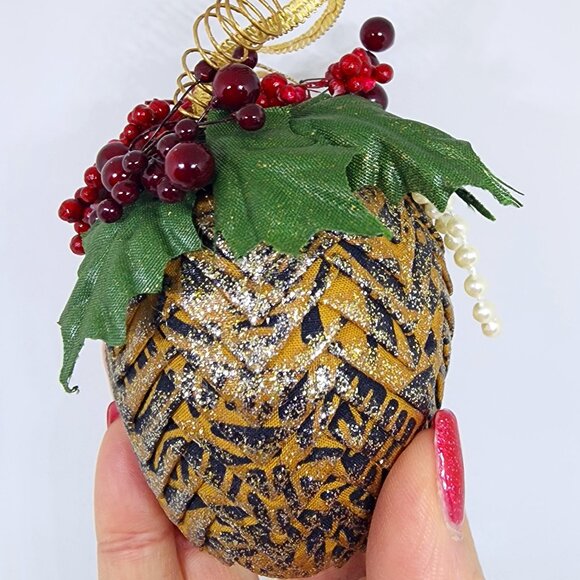 VTG Handmade Folded Cloth Black Gold Holly Glitter Christmas Holiday Ornament - Picture 11 of 12